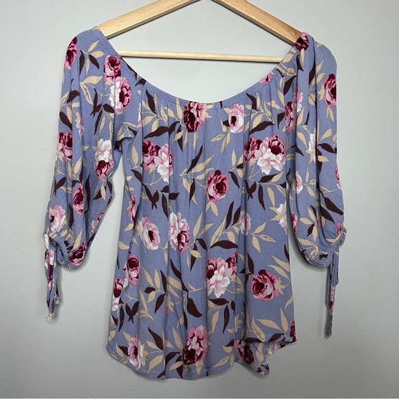 Blue Rain Peasant Pink Lavender Blue Floral Off Shoulder Cropped Blouse Size XS - Picture 4 of 6